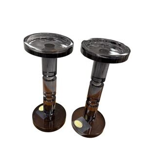 New smoked glass crystal high end French modern pair of candle holders 9”